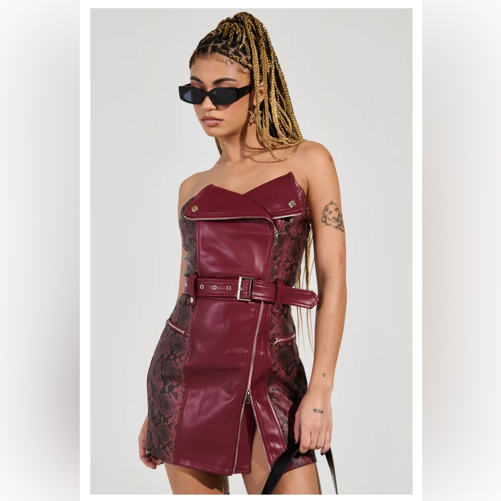 Akira Posting and Ghosting Snake Faux Leather Strapless Mini Dress
